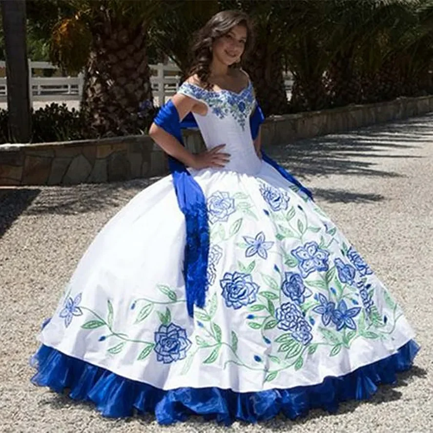 فساتين الأميرة المكسيكية Quinceanera ، تطريز زهري ، ساتان ، مشد مكشوف الكتفين ، دانتيل ، 15 سنة ، 24 سنة ،