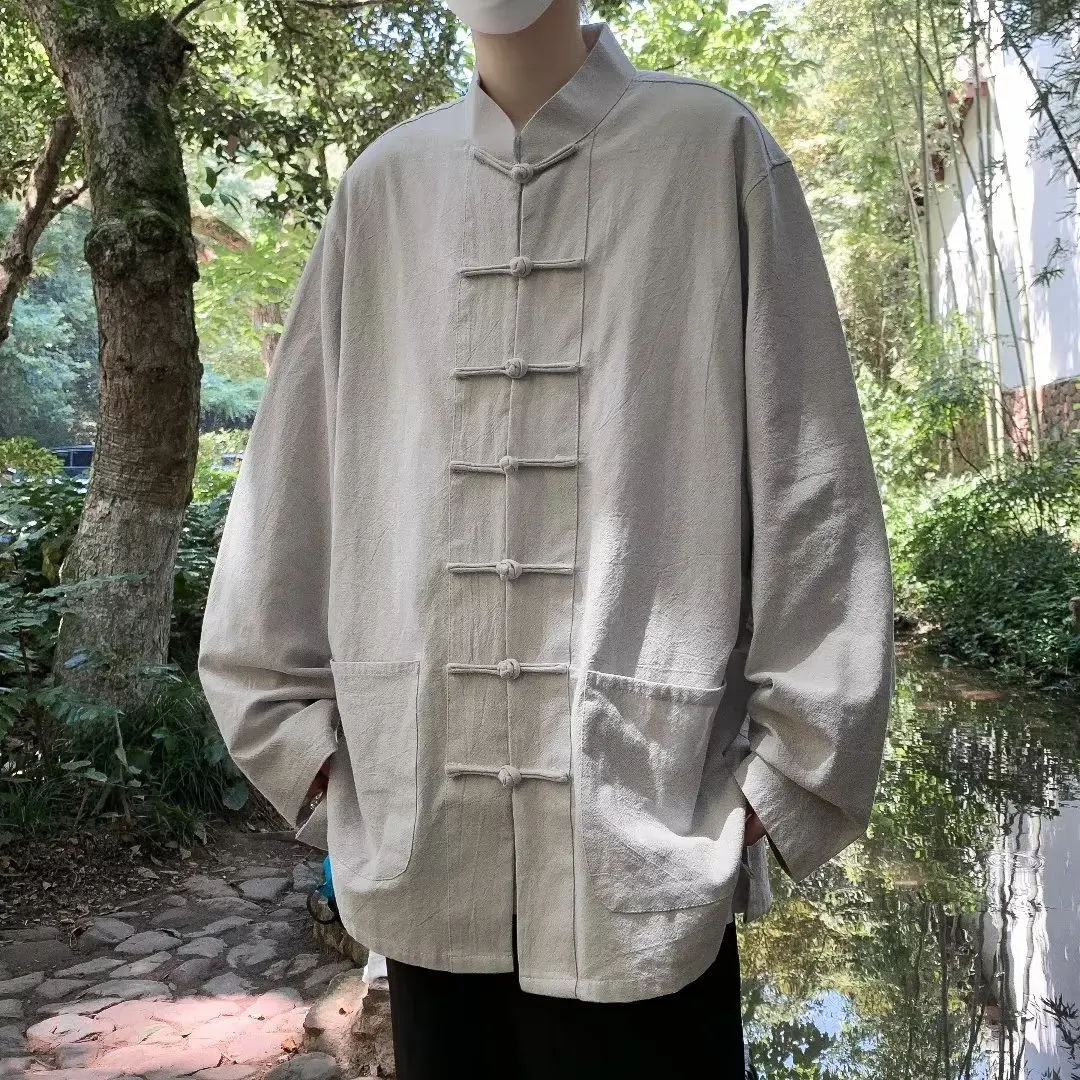 Chinese Stijl Shirt Tang Suit Opstaande Kraag Gewassen Katoenen Shirt Lange Mouw Heren Gesp Klassieke High-Grade Zen Jas Kleding