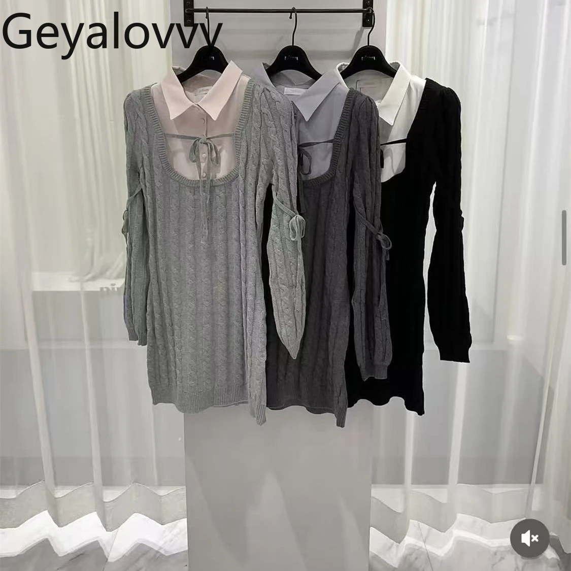 

Japanese College Style Woven Shirt Collar Patchwork Long Sleeve Dress Sweet and Cute Casual Knitted Dresses Autumn Winter New