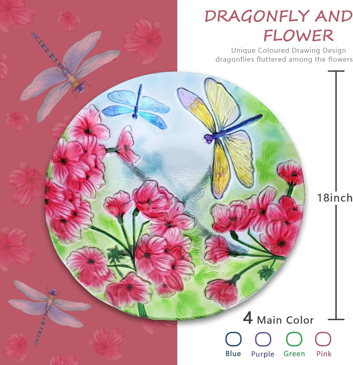 وعاء حمام كبير على شكل طائر اليعسوب مع حامل معدني، حمام طيور زجاجي خارجي لديكور ساحة الحديقة