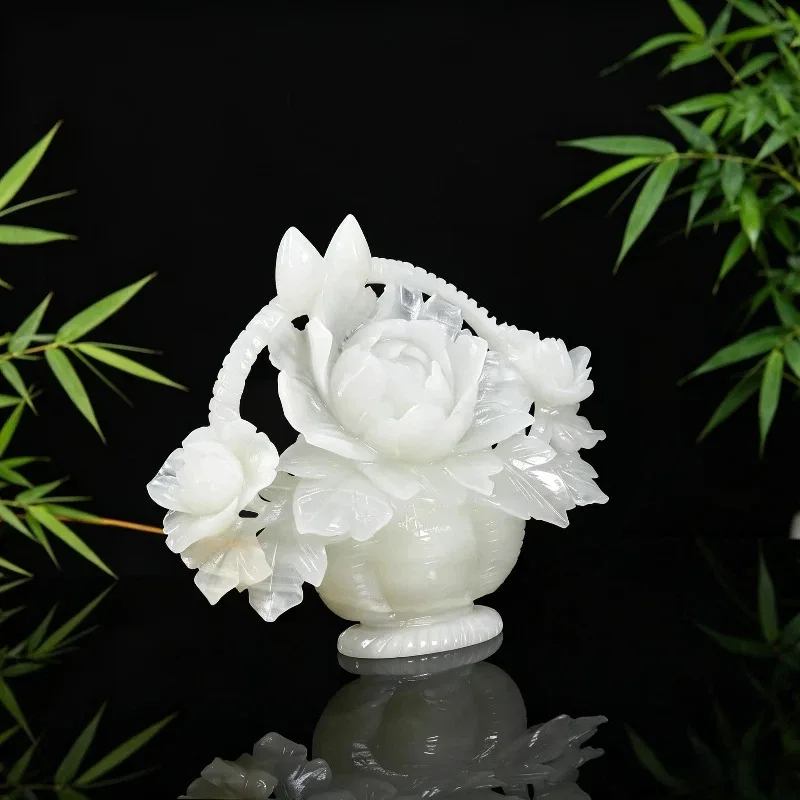 Natural jade lotus decorative ornament, a basket of prosperity, home living room craft, high-end opening gift decoration