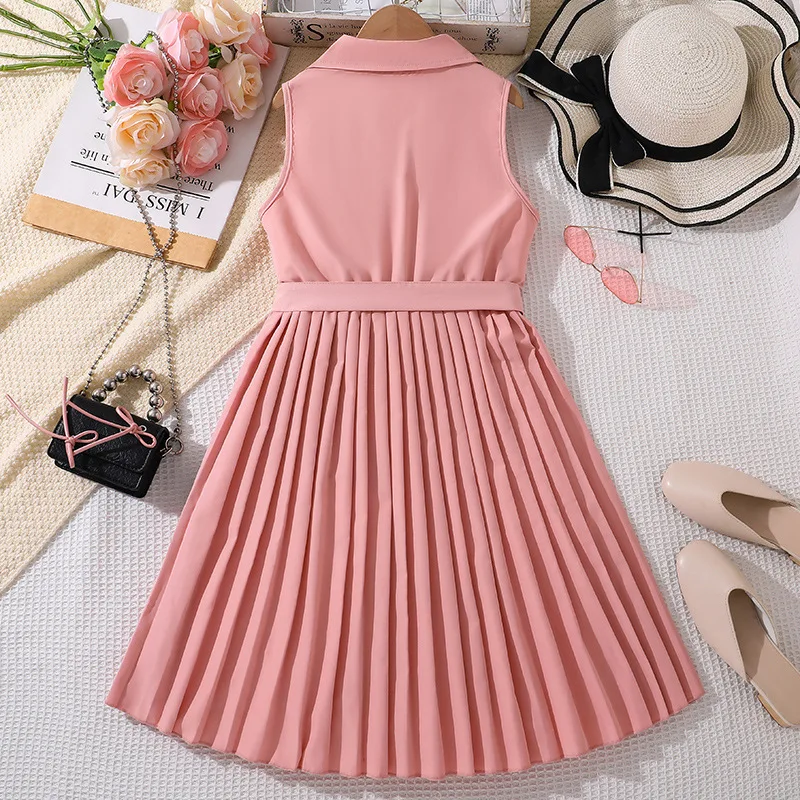 2024 New Arrival Girls Sleeveless Turn-down Collar Sashes Pink Dress Roupa Infantil Menina Cute Party Dress Custume 8-12T