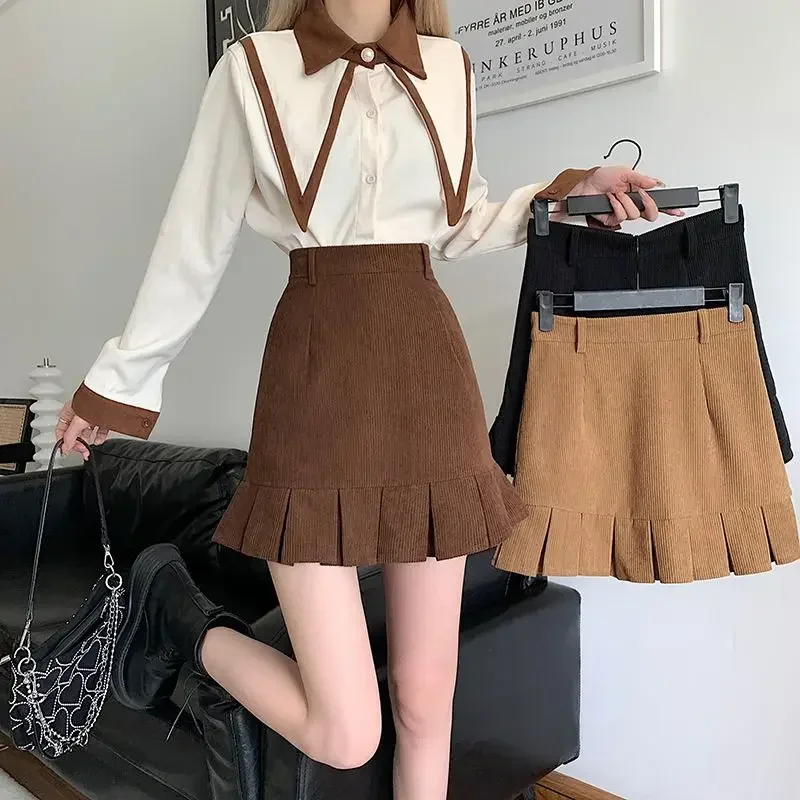 Corduroy Pleated Skirts Women Trendy Ruffles Autumn Vintage Mini Lovely Solid Streetwear Y2k Schoolgirl Korean Style High Waist