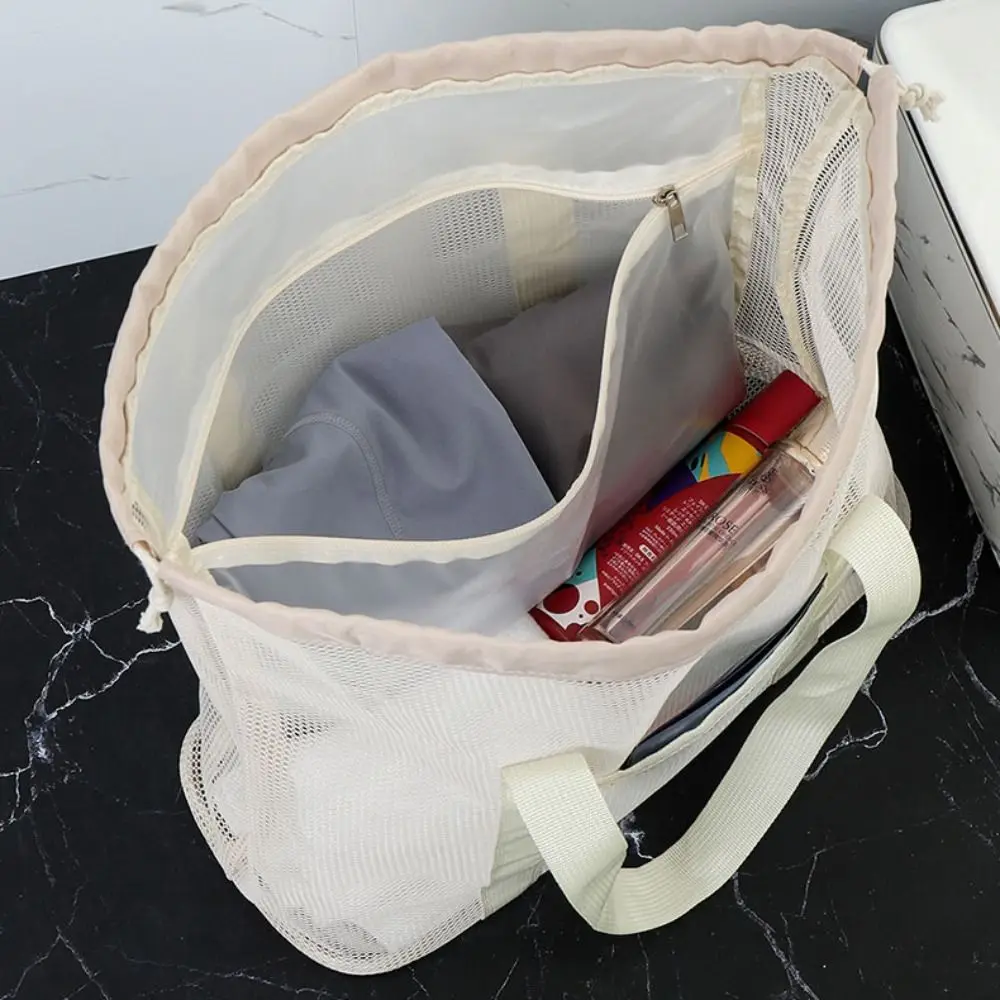 Practical Drawstring Mesh Shower Bag Large Capacity Collapsible Beach Tote Bag Handbag Hand-held Cosmetic Organizer Case Camping