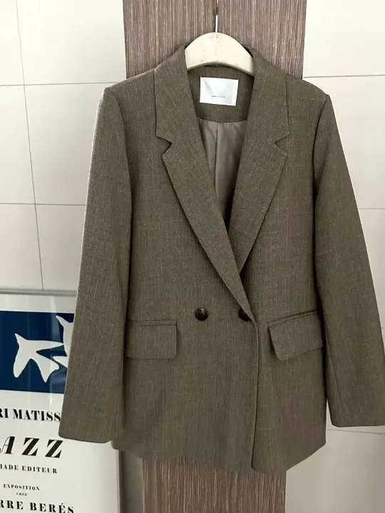 Chique herfst vintage losse pasvorm lange Sve Double Breasted pak Jaet voor dames woon-werkverkeer Sle pure kleur veelzijdige bovenkleding
