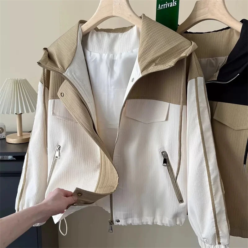 Splicing Short Hooded Coat Women's Spring Autumn New Large Size Jacket Loose Casual Outwear Popular Tooling Outcoat Ladies Tops