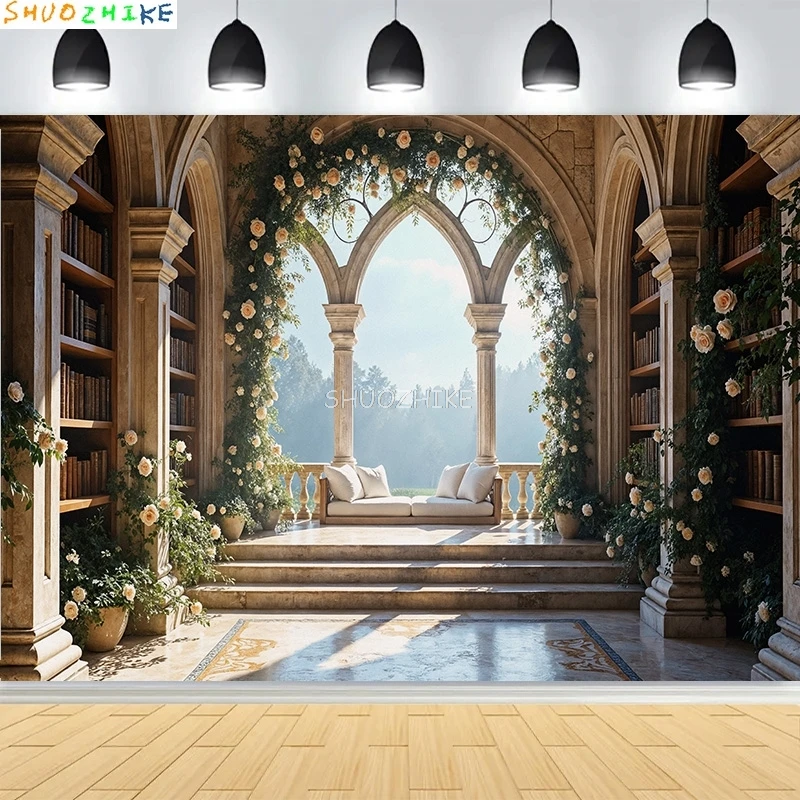 Baroque Opulent Palace Interior Photography Backdrops Castle Hall Golden Chandeliers Sea View Weddings Photo Background XS-04
