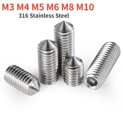 M3 M4 M5 M6 M8 M10 316 Stainless Steel Hex Socket Tip Set Screws Headless Allen Cone Point Grub Screw Bolt DIN914 Length 3~30mm