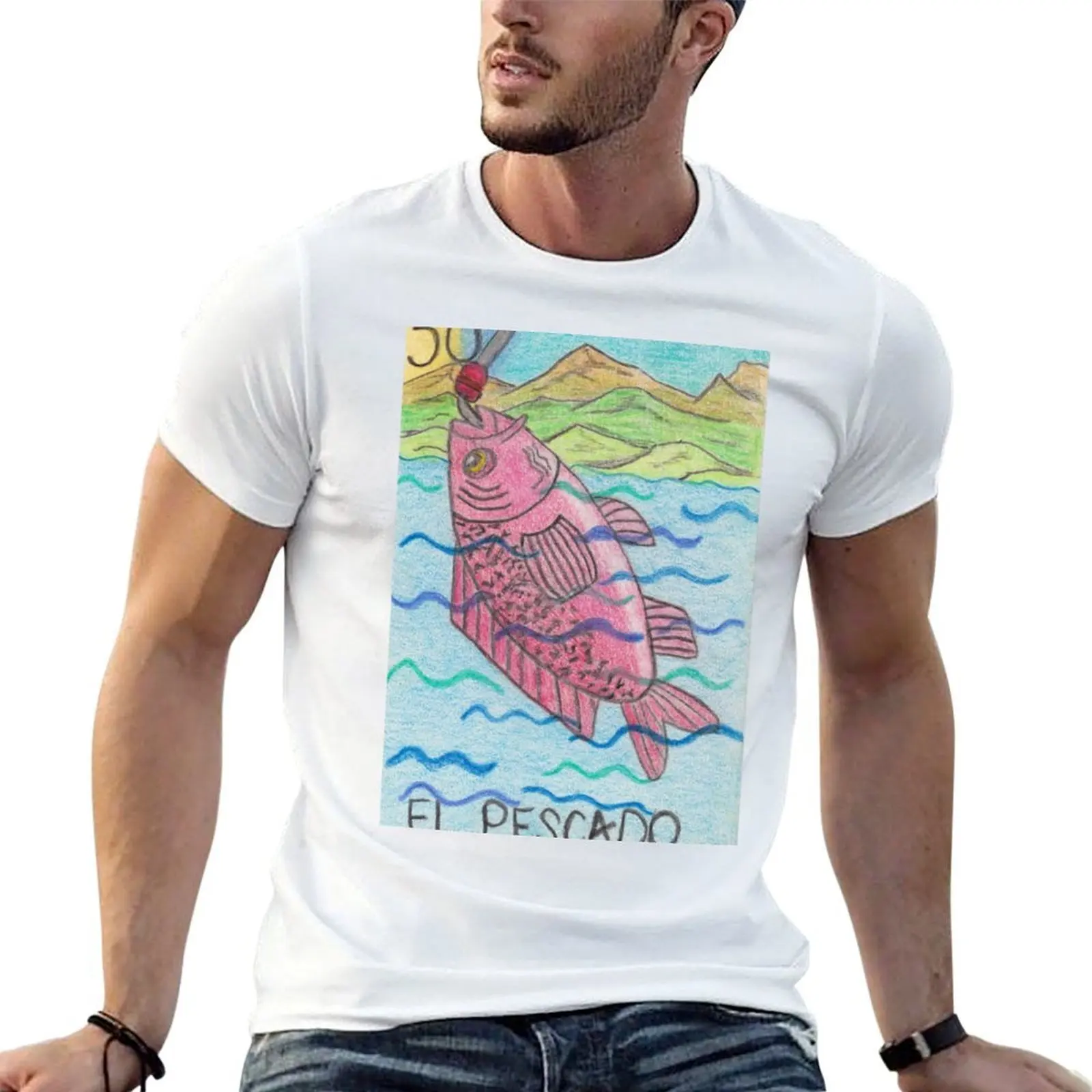Camiseta masculina El Pescado, camiseta de algodão pesado para homem, camiseta gráfica vintage, camiseta personalizada