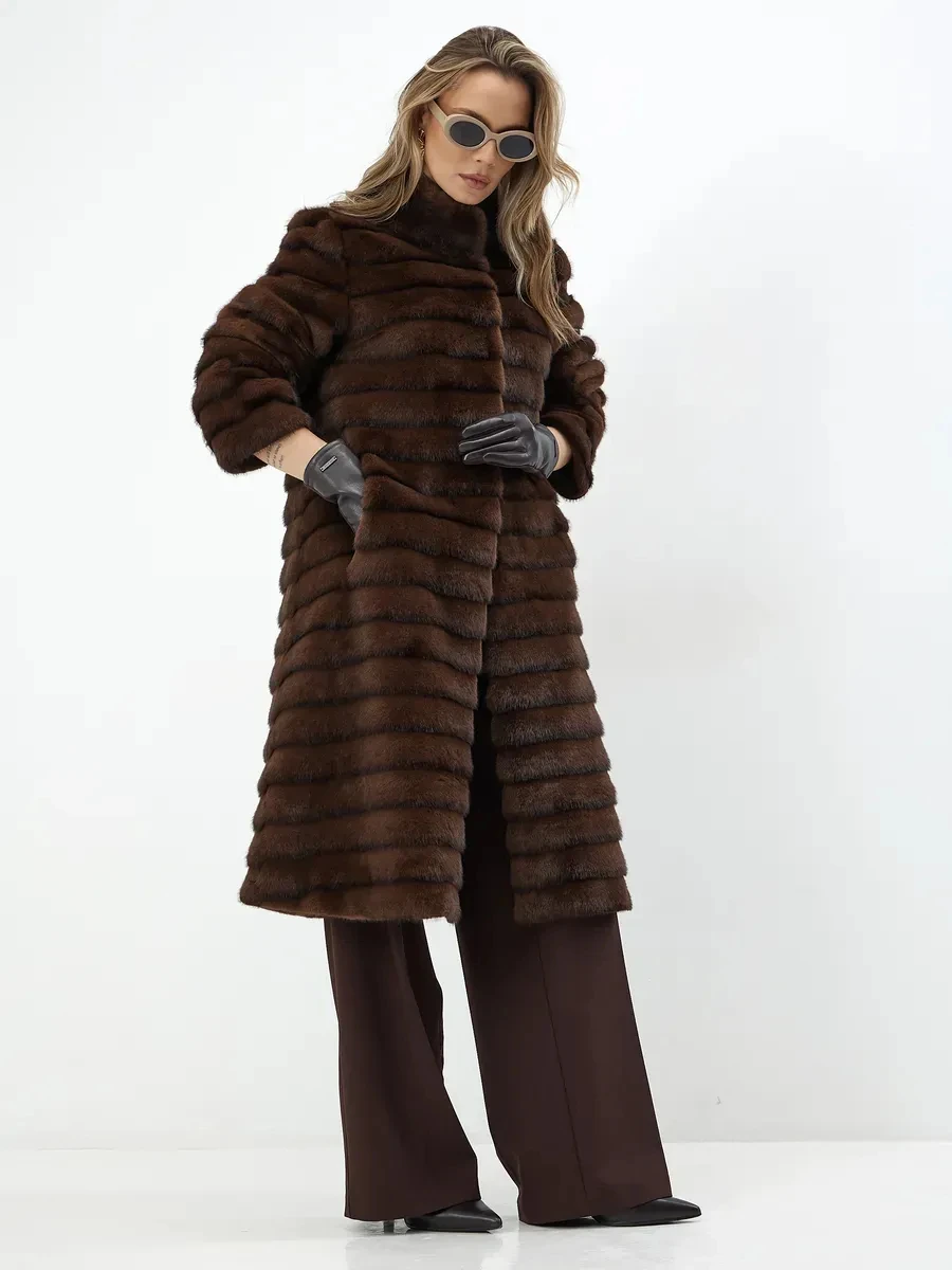Women Winter Faux Fur Coat Long Dark Brown Horizontal Striped Fluffy Warm 2026 New Elegant Old Money Luxury Outerwear