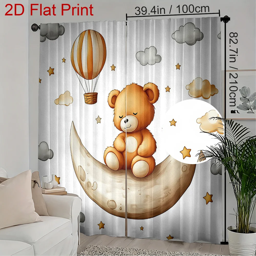 Moon Teddy Bear Curtain Panels, Sleep Bear Hot Air Balloon Cloud Star Print Drapes for Apartment Cute‑style Small Window Decor