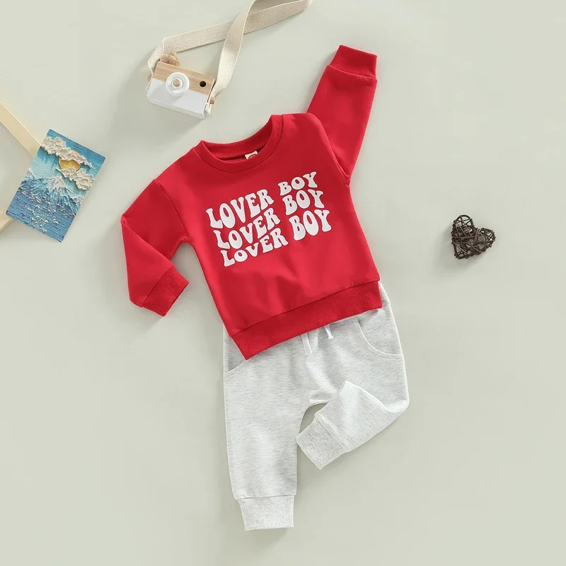 Toddler Boys 2pcs Outfits Valentine s Day Letter Print Long Sleeve Sweatshirt T-shirt and Elastic Casual Pants Suit