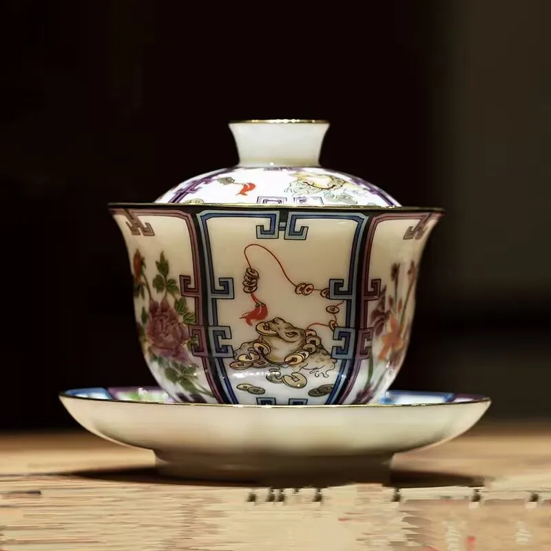 

Guochao White Porcelain Covered Bowl Tea Cup Sheepskin Jade Porcelain Teapot Sancai Covered Bowl Kung Fu Tea Set New Year Gift