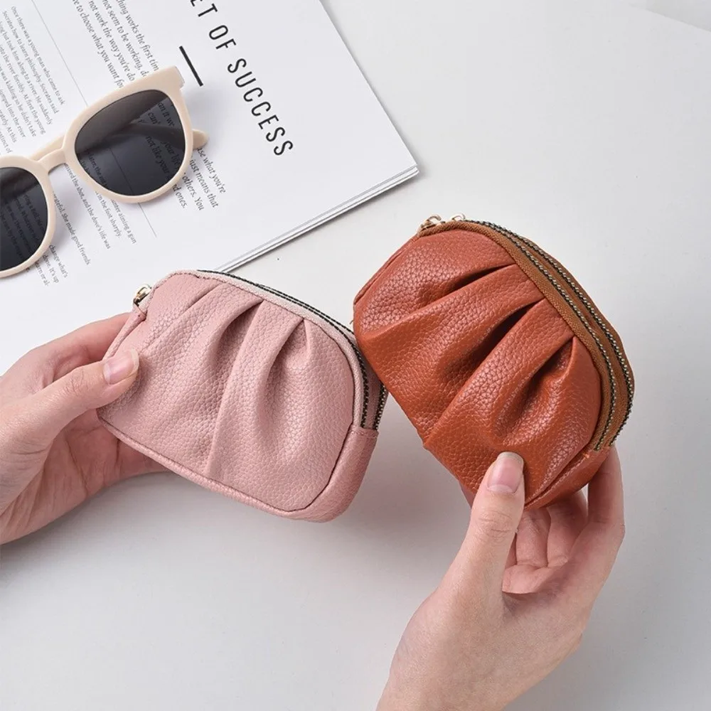 Simple Wrinkle Mini Wallet Double-layer Solid Color Short Wallet Zipper Multifunctional PU Leather Coin Purse Student
