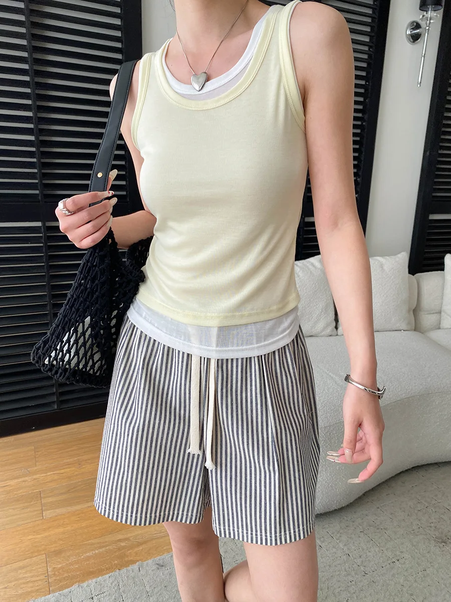 Sommerliches, lässiges, einfarbiges, kontrastfarbenes, zweiteiliges Tanktop mit Rundhalsausschnitt und schmaler Passform für Damen – Detail 34
