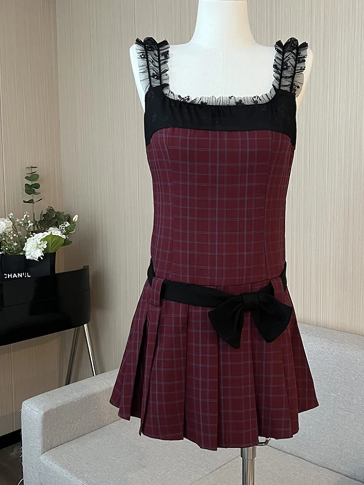 

Summer Korean Old Money Gyaru Ballet Core Mini Plaid Coquette Pleated Dress Women Frocks Party One-Piece 2000s Aesthetic Evening