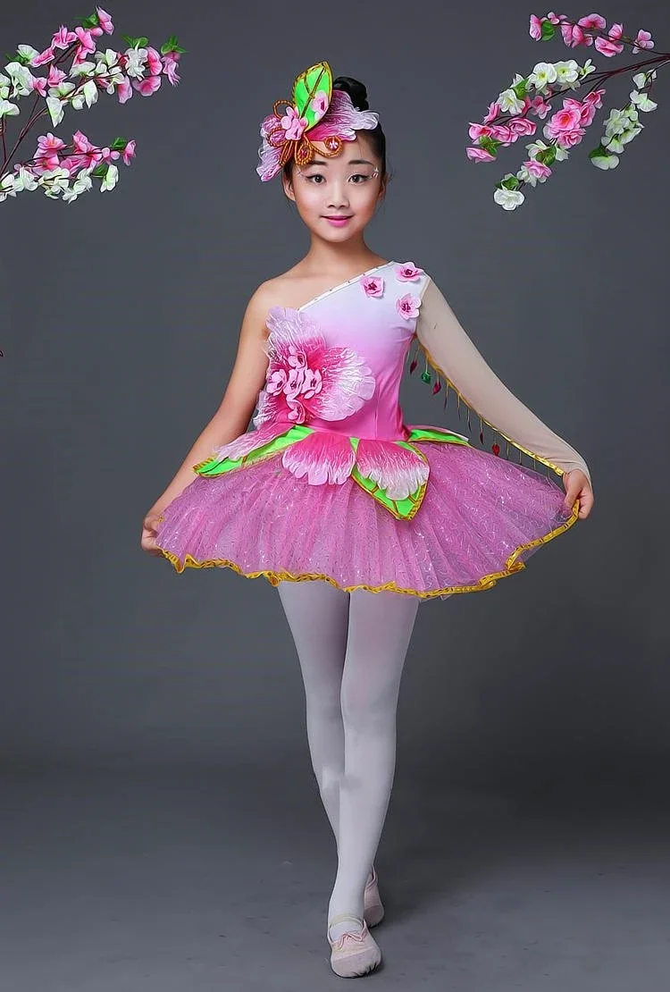 Pink Flower Dance Performance Costumes Kids Modern Dance Sequined Ballroom Dancing Dress Children Contemporary Flower Dancewear