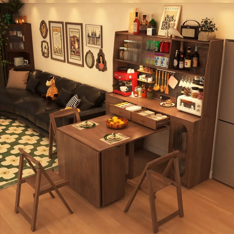 

Furniture walnut solid wood dining side cabinet, dining table integrated folding and retractable multi-function