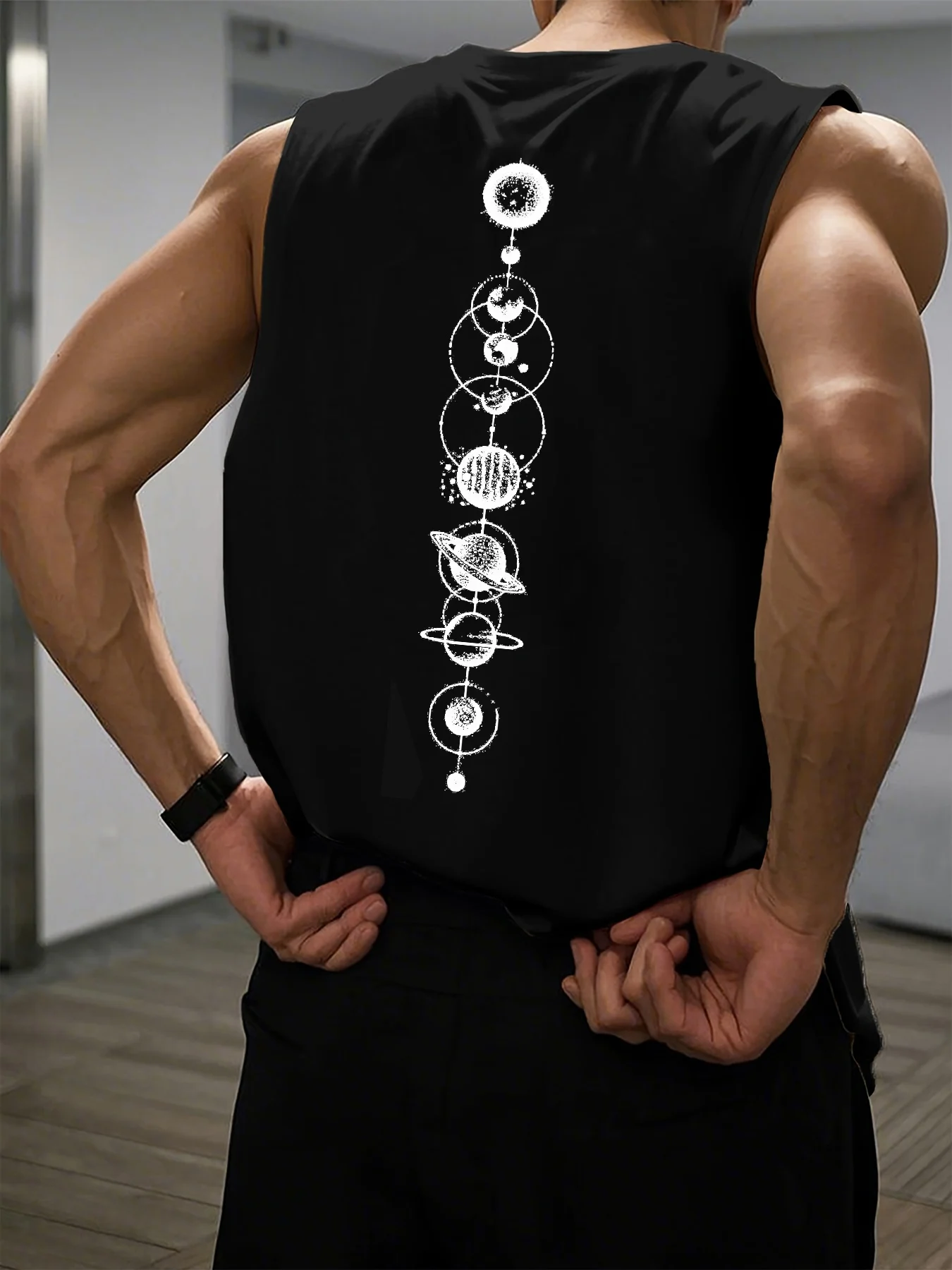 100% Cotton Men's Summer Leisure Sports Fitness Loose Space Planet Print Comfortable Breathable Round Neck Sleeveless Tank Top