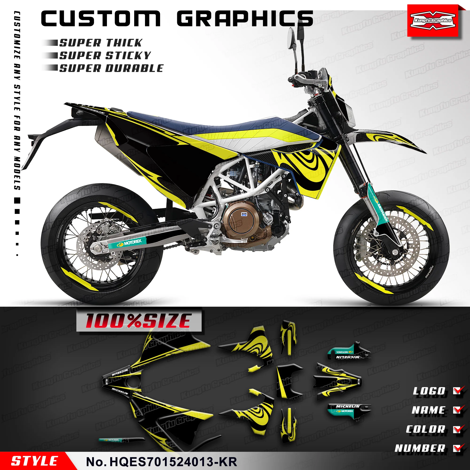 

KUNGFU GRAPHCS Custom Sticker Vinyl Wrap Kit for Husqvarna Enduro Supermoto 701 2015-2024, HQES701524013-KR