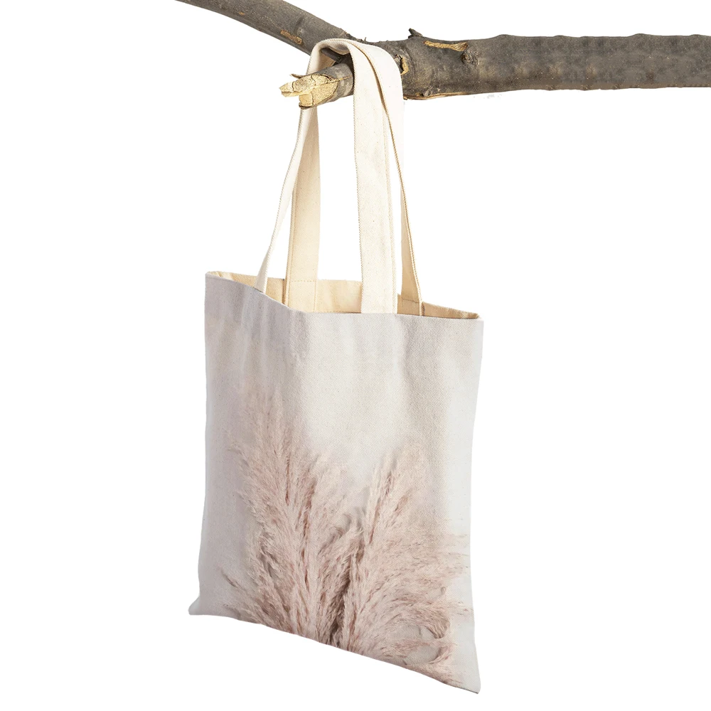 Lady Shopper Bags Canvas Tote Women Handbag Pink Flowers Reed Beach Butterfly Sand Grass Suprematism Double Print Shopping Bag