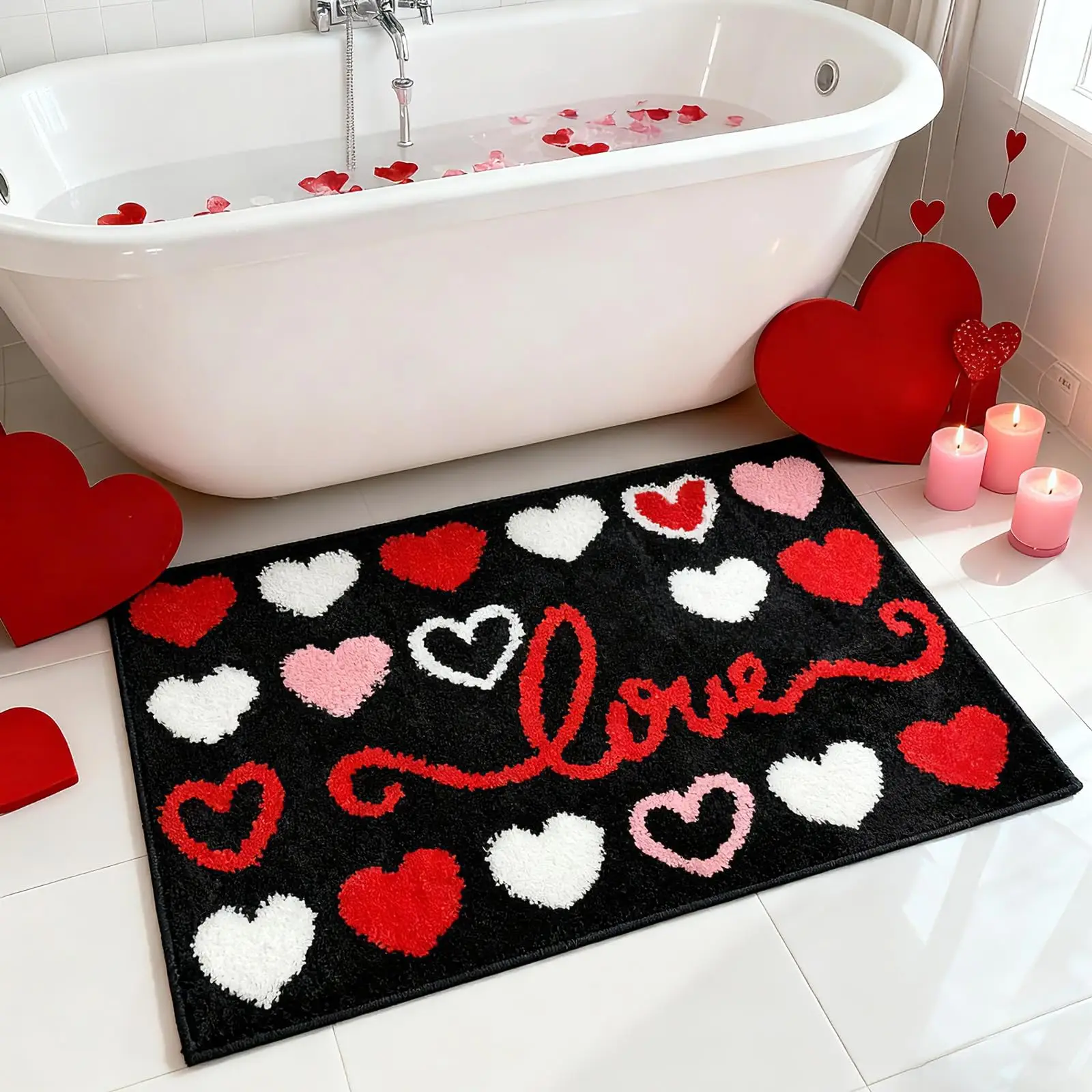 VIKAMA Valentinstag-Badezimmerteppich, rot, rosa, weiß, Liebesherz, Valentinstag, Jahrestag, rutschfest, saugfähig, weich, Badteppich, Heimdekoration