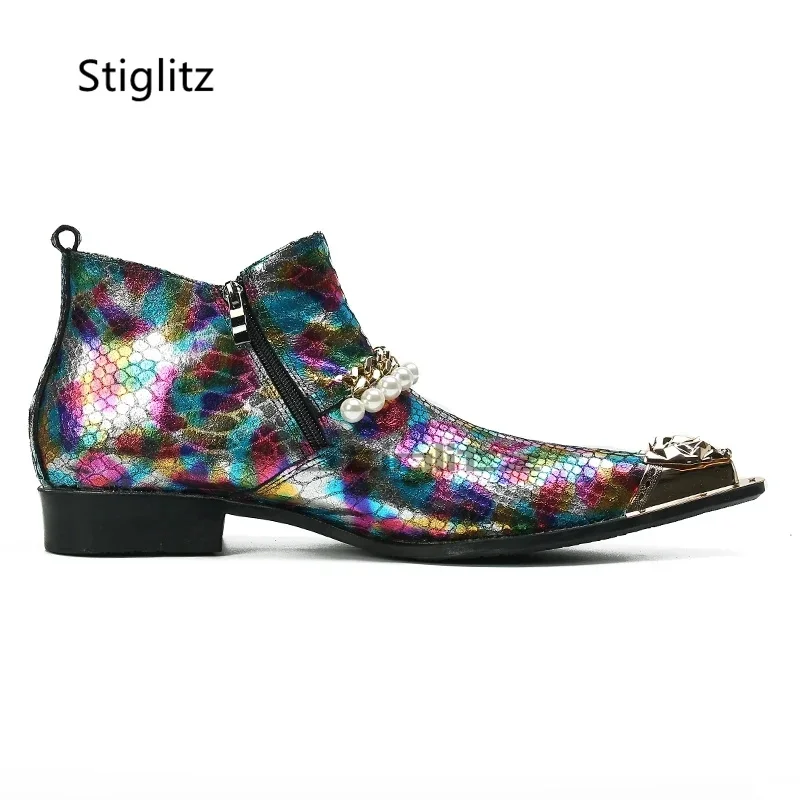 

Metal Pointed Toe Men's Boots Pearl Chain Mixed Colors Chelsea Ankle Boots Luxury Fashion Party Performance Male Leather Shoes