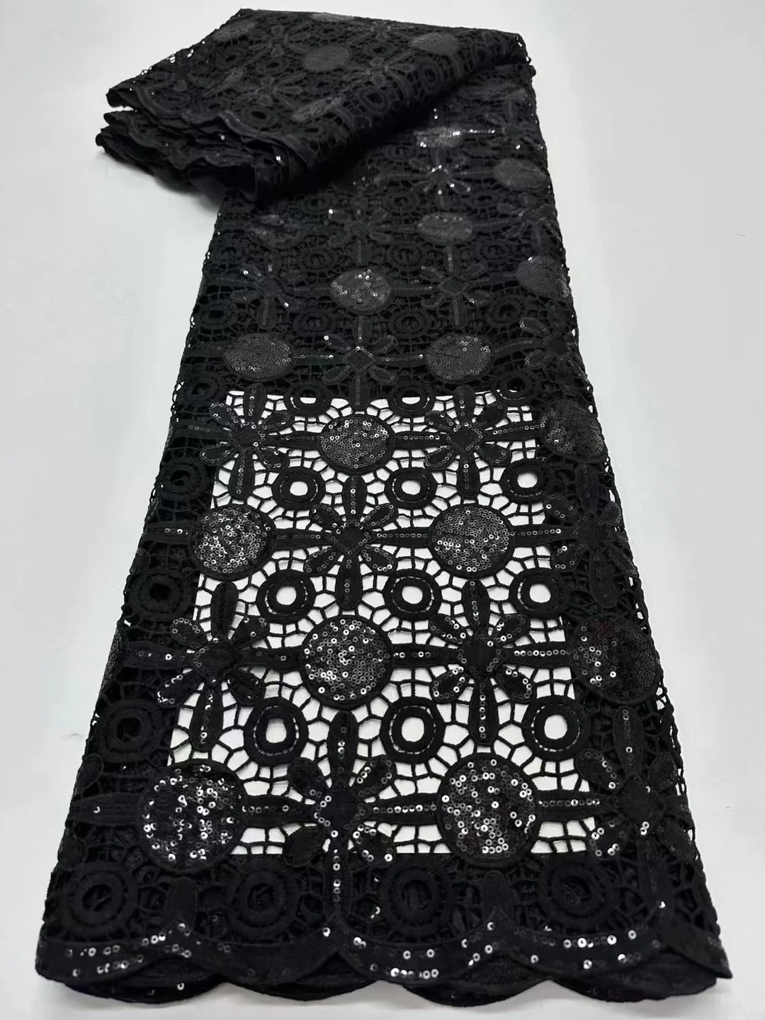 Black Guipure African Lace Fabric 5 Yards for Wedding Dress 2023 High Quality Sequins Swiss Voile Milk Slik French Lace Sewing