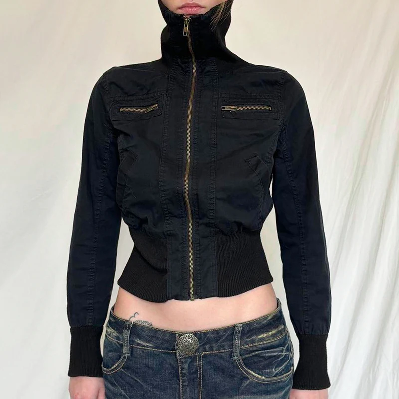 CIBBAR Streetwear Black Zip Up Jacket Autumn Winter Turtleneck Full Sleeve Cropped Jackets for Women y2k Vintage Ladies Outwear