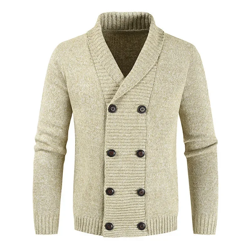 Cárdigan con capucha para hombre, suéter ajustado de punto, cálido, informal, cuello chal, chaqueta de doble botonadura, otoño