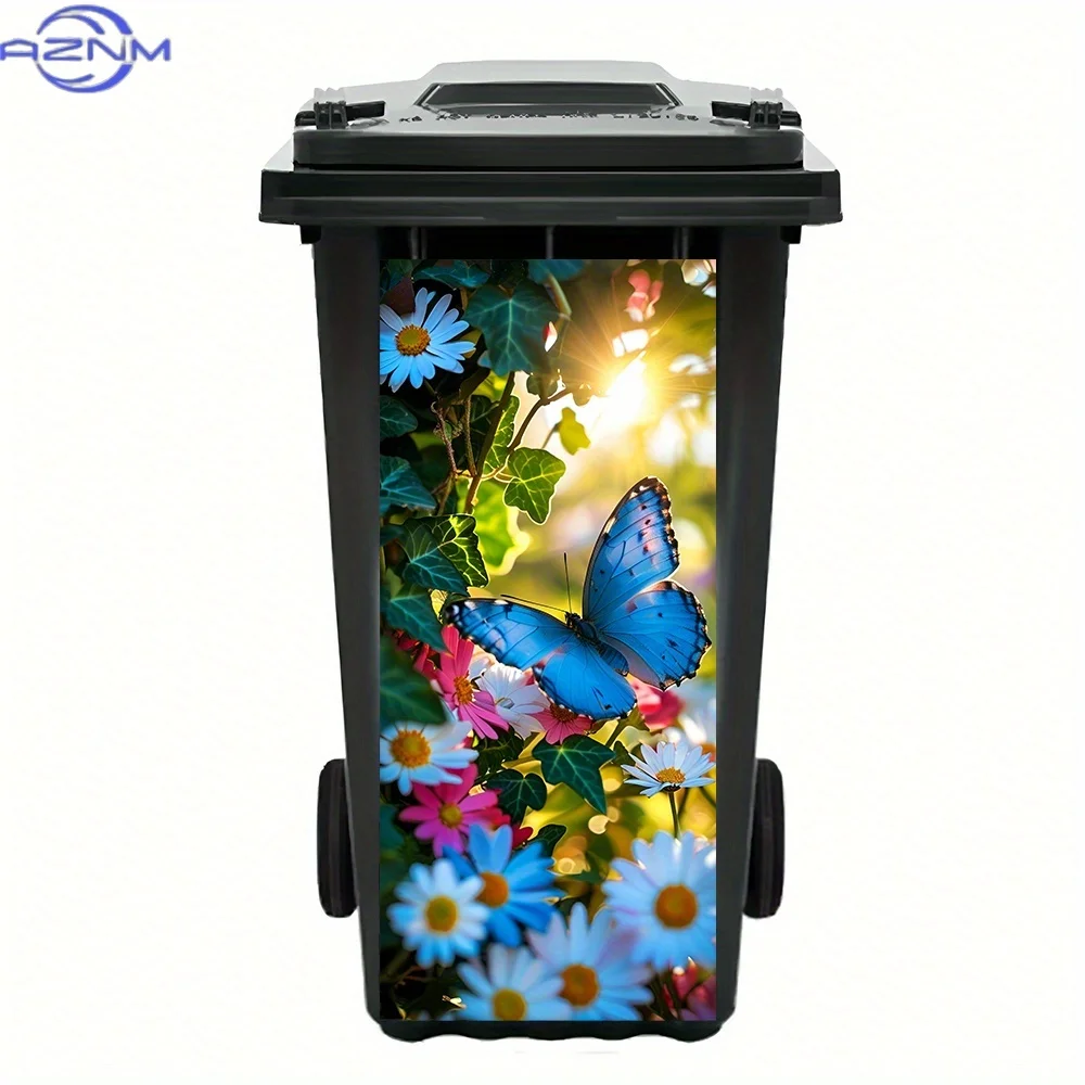 1pc Blue Butterfly & Sunlit Flowers PVC Waterproof Removable Trash Can Sticker - 30.99x70.0 cm Self-Adhesive Wall Decal for Ho