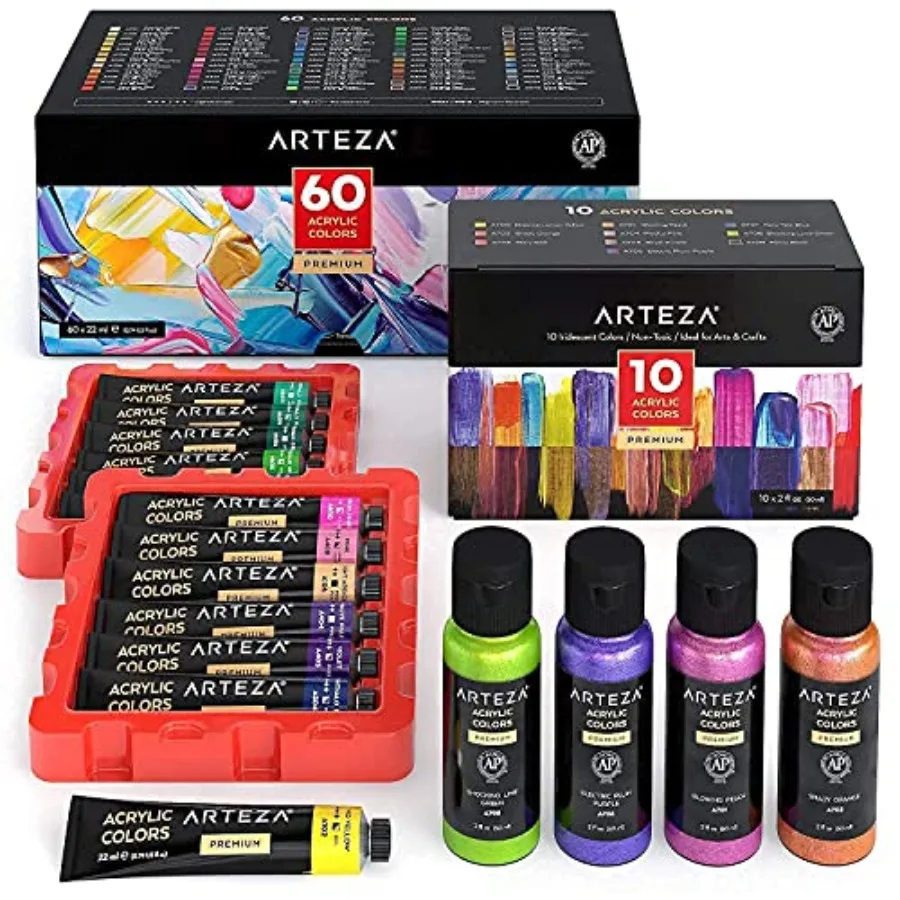 

Iridescent Acrylic Paint Set of 10 and Acrylic Paint Set of 60 Bundle, Painting Art Supplies for Artist, Hobby Painters and Beg