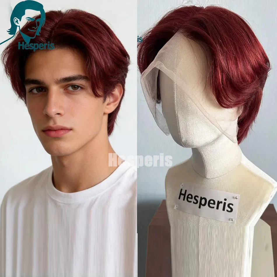 

Мужской парик Hesperis Chestnut Red Short Bob из натуральных волос, без клея, с полной шелковой основой, для косплея, с боковым пробором, стильный мужской парик-накладка
