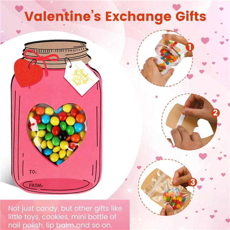 Paquete de 50 tarjetas Mason Jar para el Día de San Valentín, tarjetas divertidas de intercambio de San Valentín, regalos para el intercambio escolar, recuerdos de fiesta, feliz Día de San Valentín