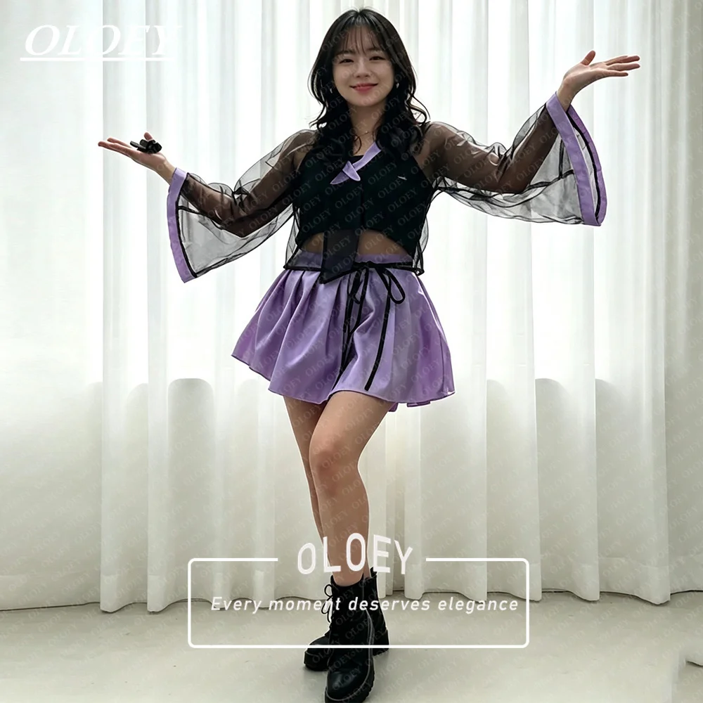 OLOEY Modern Black Purple Short Concert Hanbok 3 PCS Organza Silky Satin Korean Photo Shoot Mini Performance Dress Customized