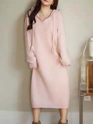 Loose Hooded Knit Dress Women Plus Size Autumn Winter Good Quality Sweet H Version Calf-Length Dresses 8783