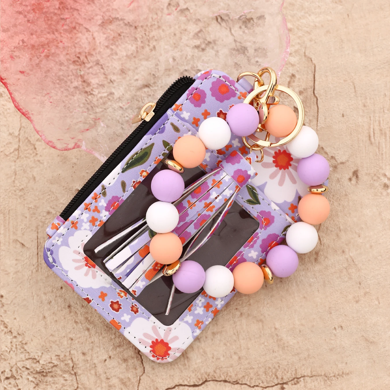 2025 سيليكون حبة سوار جلد حافظة للبطاقات السوار المفاتيح سيليكون سوار محفظة الإسورة فلوريت مطبوعة مجزأة حقيبة الهوية #4