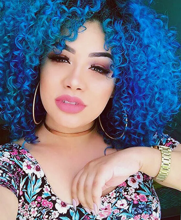 Curto afro kinky encaracolado perucas de cabelo sintético ombre azul festa perucas cosplay