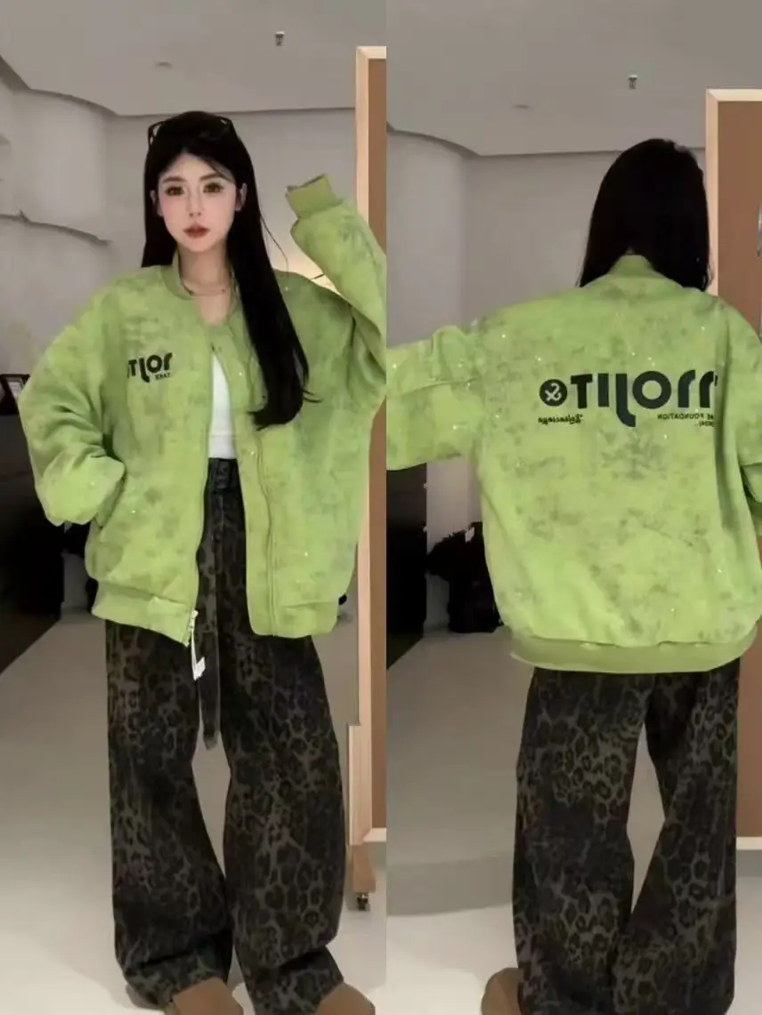 

Women'S Autumn jackets Racing Patches Clothes Distressed Embroidery Denim Premium Season Big Size Long-Sleeved Stand-Up Collar