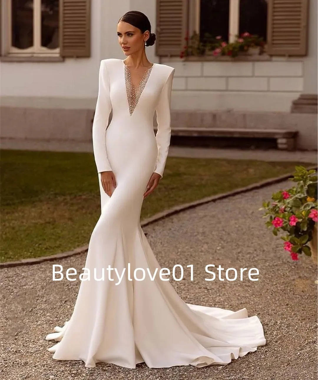 

Mermaid Wedding Dress Beaded ItalianNoodleStrapOpenBack Zipper Bridal Dress Fashion Long Sleeve Prom Special Dress Customization