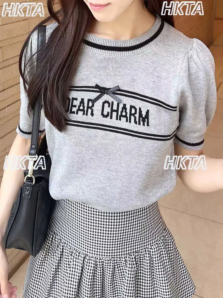 

2026 Early Spring New Color-Block Letter Bow Round Neck Puff Short Sleeve Knitted Top Women's Fashion Versatile Knitwear T-Shirt