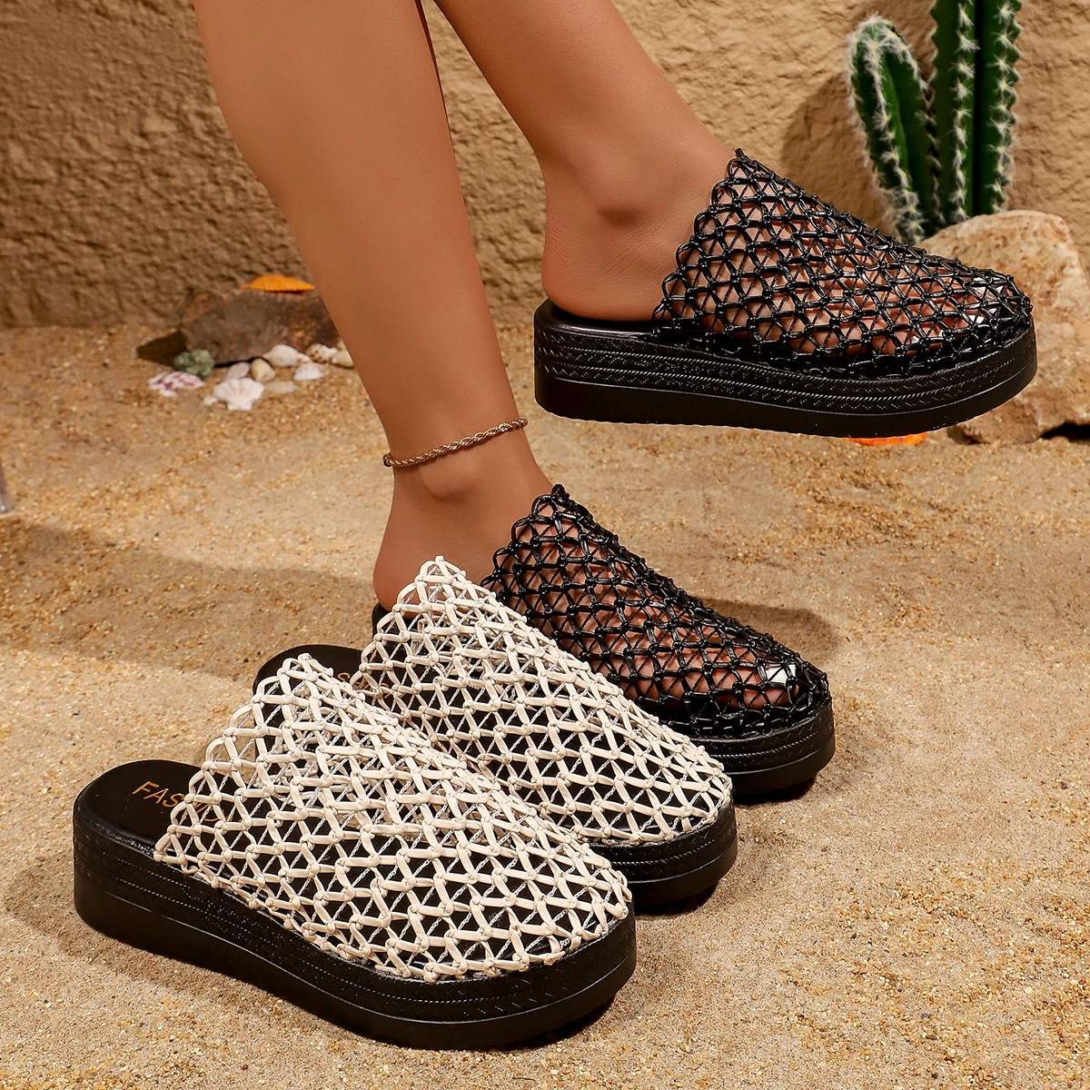 

Women Hollow Woven Mesh Close Toe Chunky Platform Slides Mules Open Back Wedge Heels Casual Beach Summer Sandals Slippers Shoes