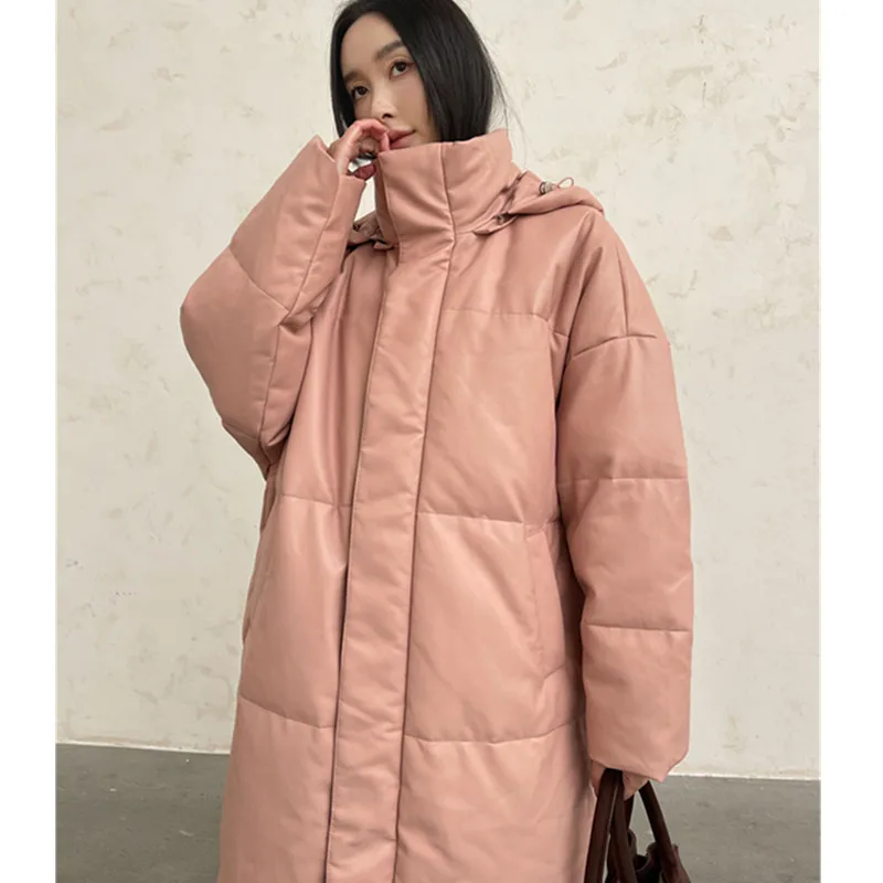 PU leather Down Jacket Women\'s 2025 Winter New Korean version Hooded White duck down Loose Thick Coats Female Parka Overcoat