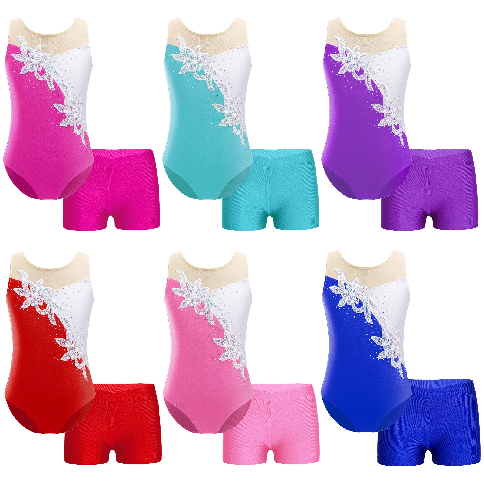 Children Ballet Dance Outfits Kids Girls Sleeveless Leotards with Shorts Ice Skating Gymnastics Jumpsuit for Girl Dancewear