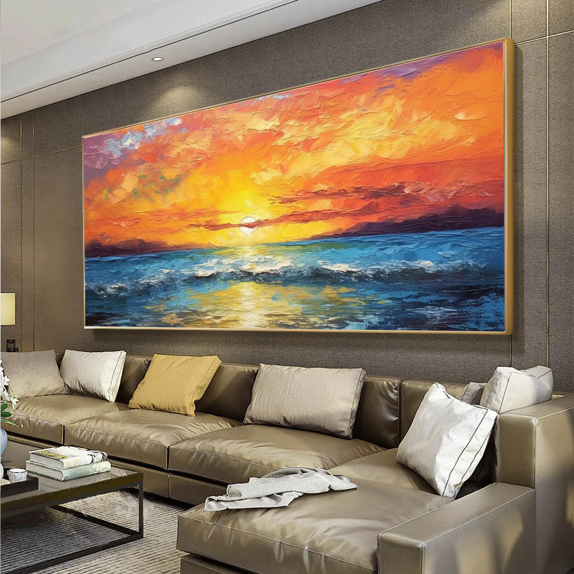 

Sunset Over Sea Seascape Canvas Painting Abstract Orange Sky 3D Texture Wave Landscape Poster Print Living Room Home Decor Gifts