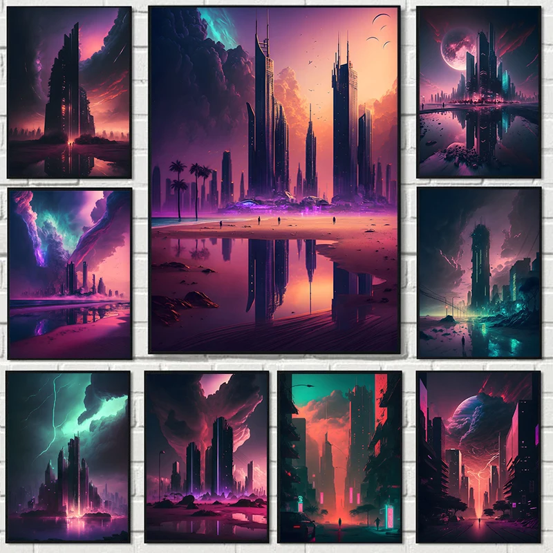 Futuristic Highrise City Scifi Architecture Landscape Poster Canvas Paintings Wall Art Pictures Home Decor