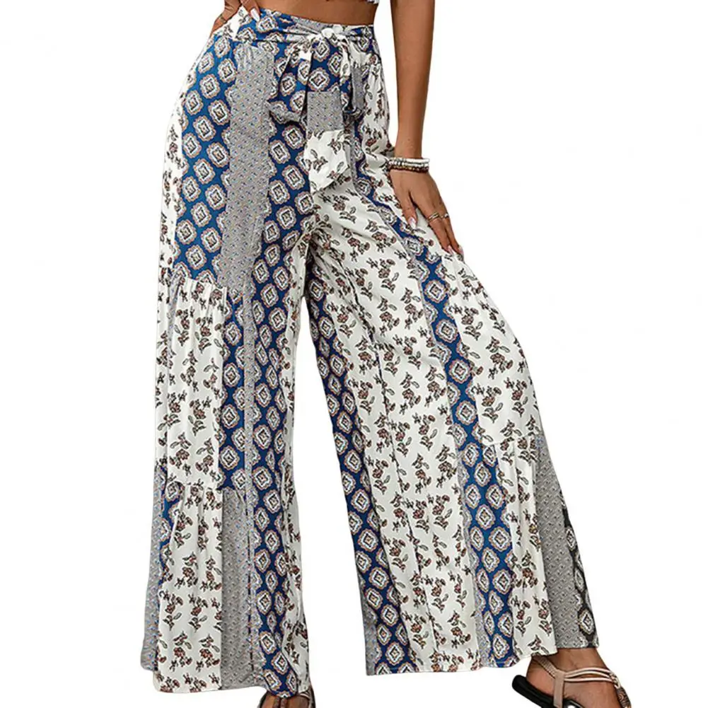 

Retro Digital Print Trousers Women Pants Ethnic Style Lace-up Beach Trousers for Women Loose Fit Wide Leg Pants with High Waist