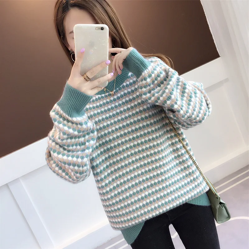 Pullovers Women Sweaters Female Spring Autumn New Round Collar Stripe Loose Wave Point Sweaters Women Fashion LXJ2216