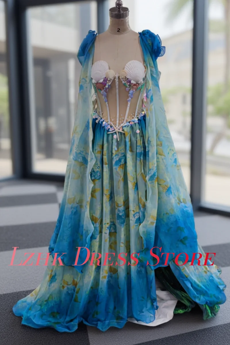 Aangepaste sexy tie-dye tule a-lijn uit de schouder shell parels kralen avondjurk hoge kwaliteit lieverd beroemdheidsjurken