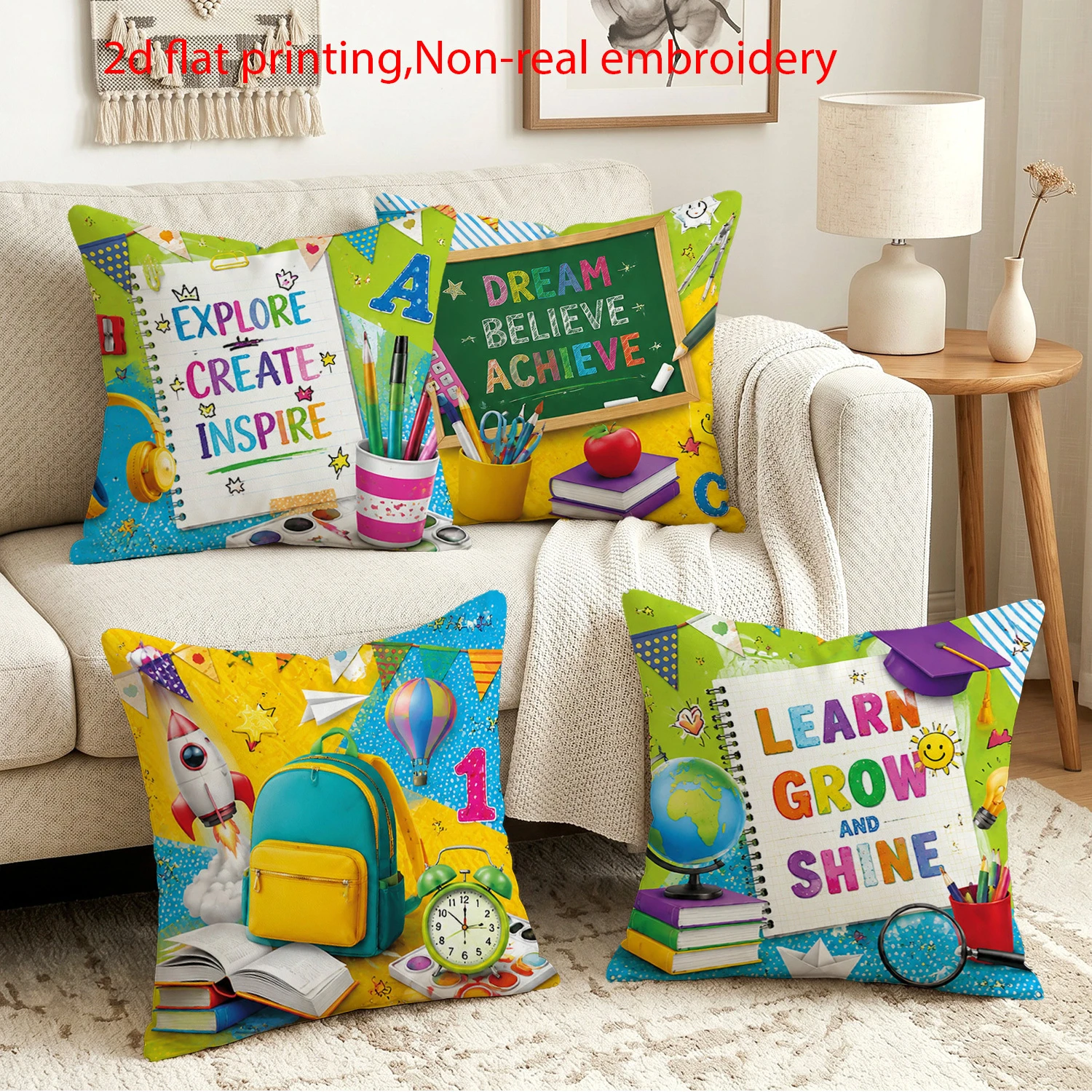 4pc Back to School Throw Pillow Covers Set of 4  Motivational Classroom Decor Cushion Cases for Kids Bedroom Playroom
